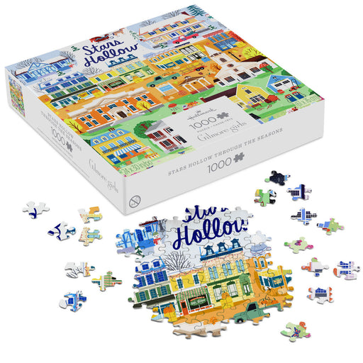 Jigsaw puzzle packaging with 'Stars Hollow' illustration and scattered pieces on a white background