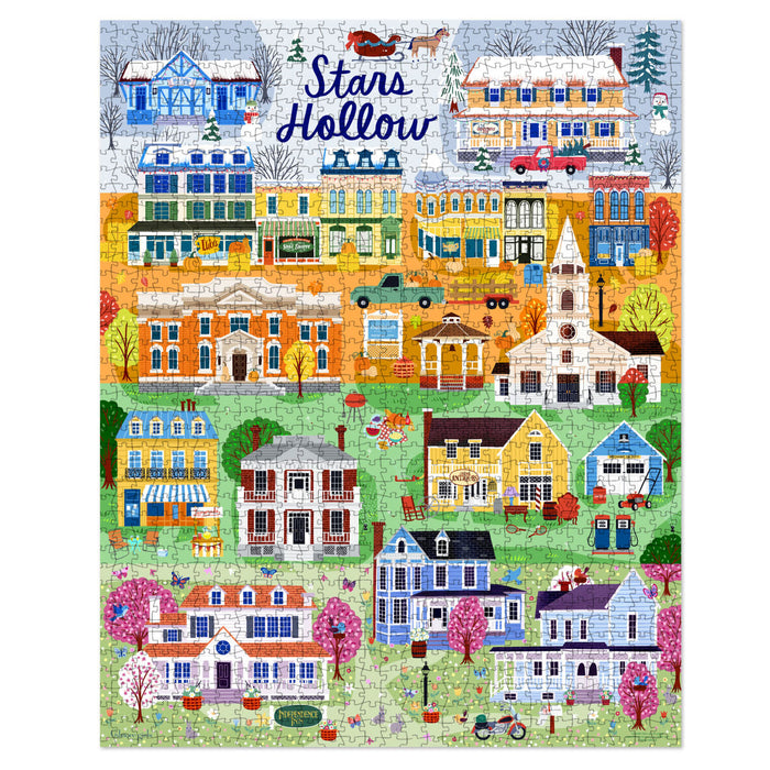 Illustration of a colorful town named 'Stars Hollow' with various buildings and vehicles.