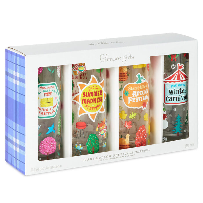 Set of four Gilmore Girls-themed glasses in a box