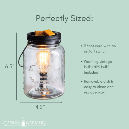Mason jar candle warmer with dimensions and features on a light green background