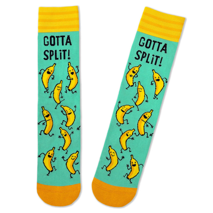 Pair of socks with banana design and 'Gotta Split!' text on a teal background