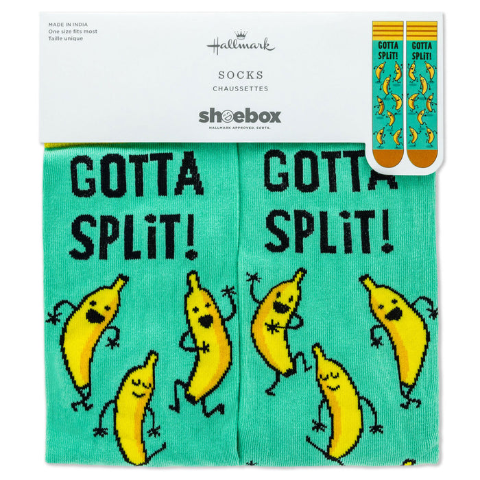 Pack of socks with banana design and 'Gotta Split!' text, featuring Shoebox branding.