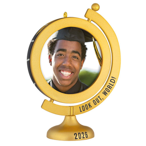 Gold graduation-themed photo frame with a person's face inside, labeled 'Look Out, World! 2026'.
