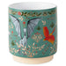 A cylindrical ceramic planter with a white interior and a speckled beige base, decorated with a teal background and an illustration of a gray bat, a red and yellow bird, and botanical motifs.