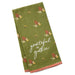 An olive green tea towel with a white script reading 'grateful to gather' and a pattern of small autumn leaves and yellow flowers, finished with a red and white plaid border.