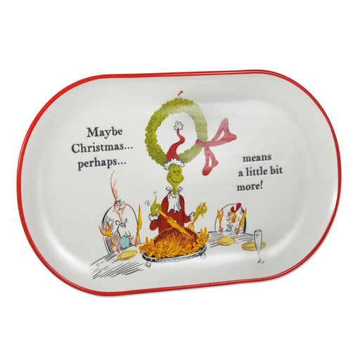 Decorative tray with Christmas-themed design featuring the Grinch and text.