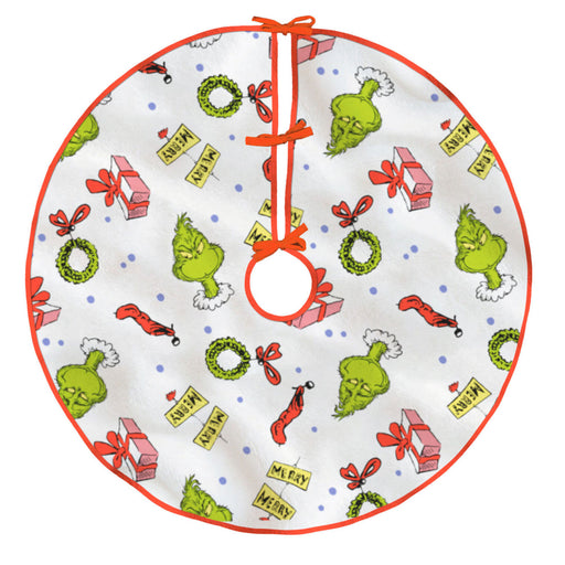 Christmas tree skirt with Grinch design on a white background