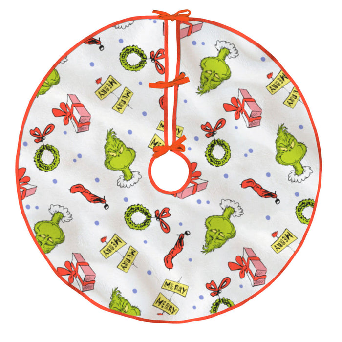 Christmas tree skirt with Grinch design on a white background