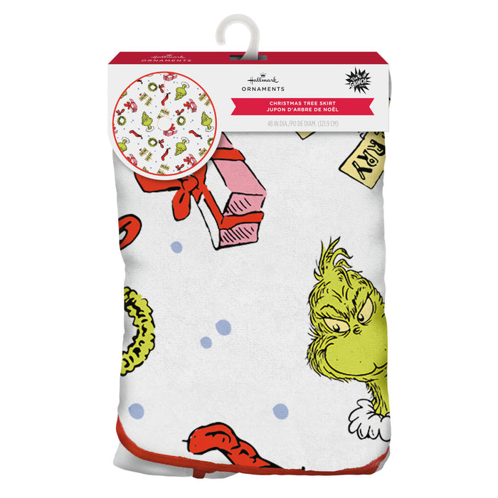 Packaged Christmas tree skirt with Dr. Seuss character design on a white background