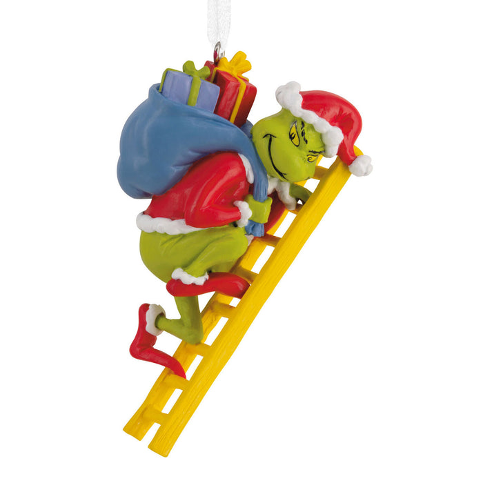Decorative ornament of a character climbing a ladder with gifts, on a white background