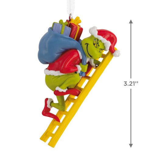 Decorative ornament of a character climbing a ladder with gifts, on a white background.