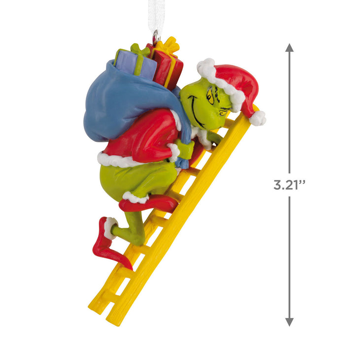 Decorative ornament of a character climbing a ladder with gifts, on a white background.