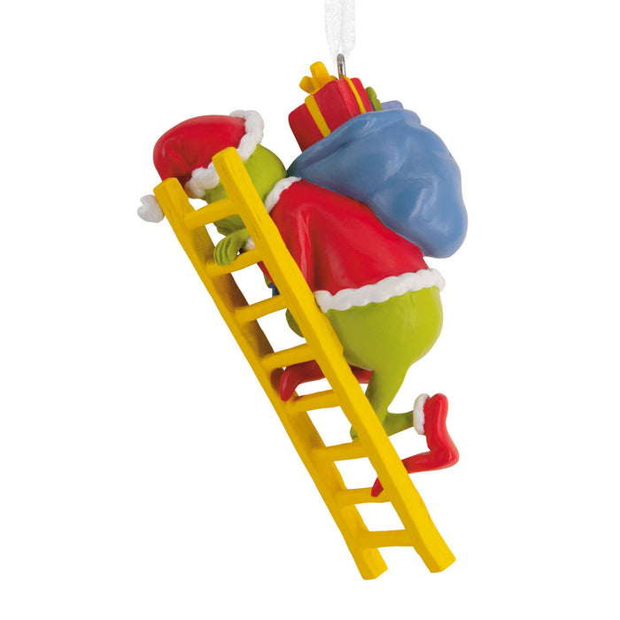 Decorative ornament of a character climbing a ladder with gifts on a white background
