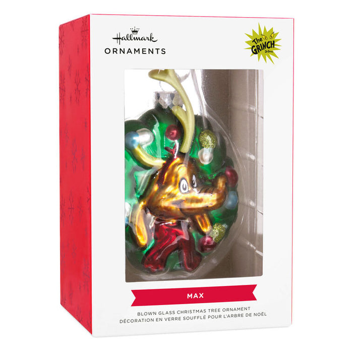 Hallmark Christmas ornament packaging with a Grinch-themed decoration inside.