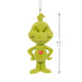 A green Grinch-style plush ornament with a small red heart on the chest and a white hanging loop, shown on a white background with a vertical dimension arrow and text reading 3.5 inches (9 cm).