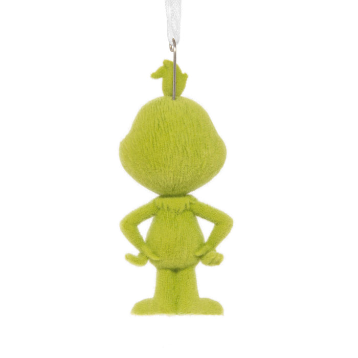 A green plush Grinch ornament shown from the back, featuring a hanging loop at the top, on a plain white background.