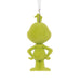 A green plush Grinch ornament shown from the back, featuring a hanging loop at the top, on a plain white background.