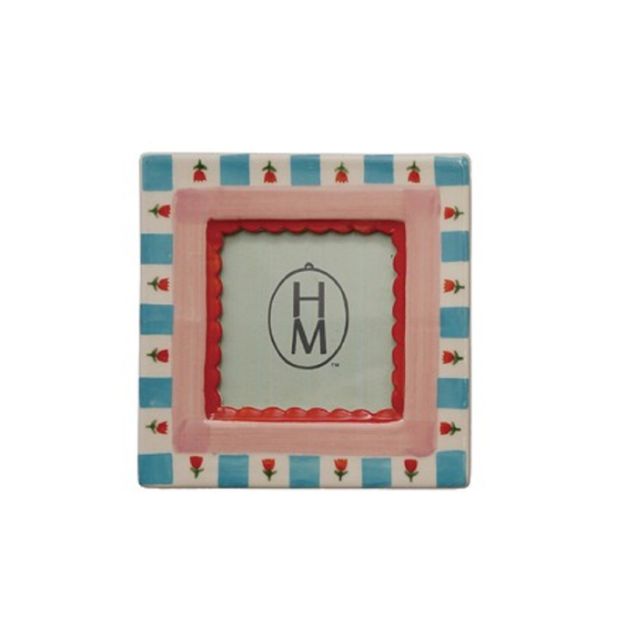 Decorative picture frame with a blue and pink design on a white background