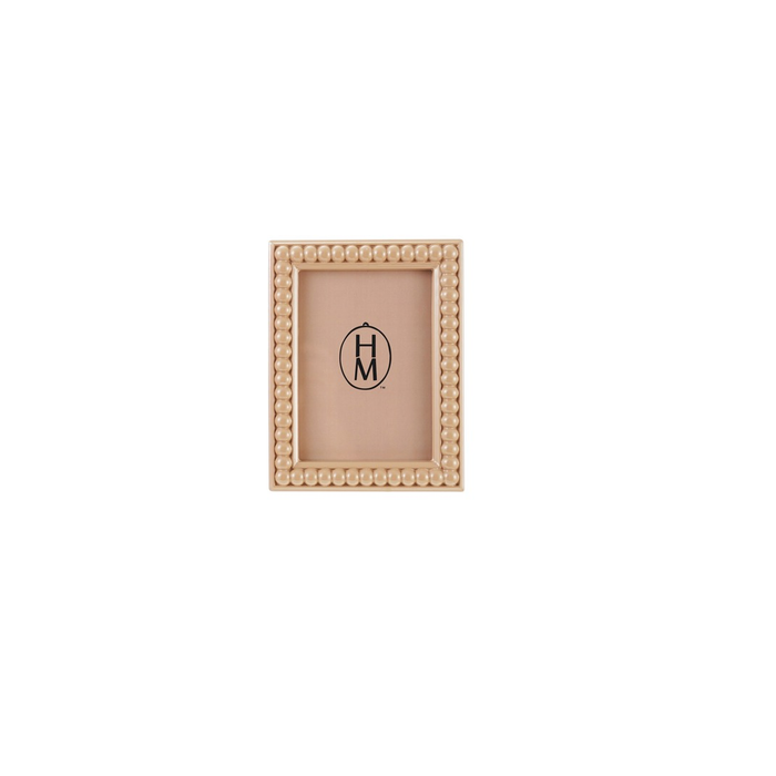 Beige picture frame with a logo on a white background