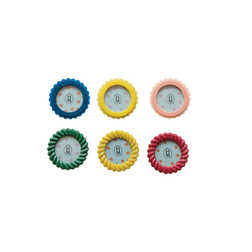 Set of six colorful circular frames with a brand logo on a white background