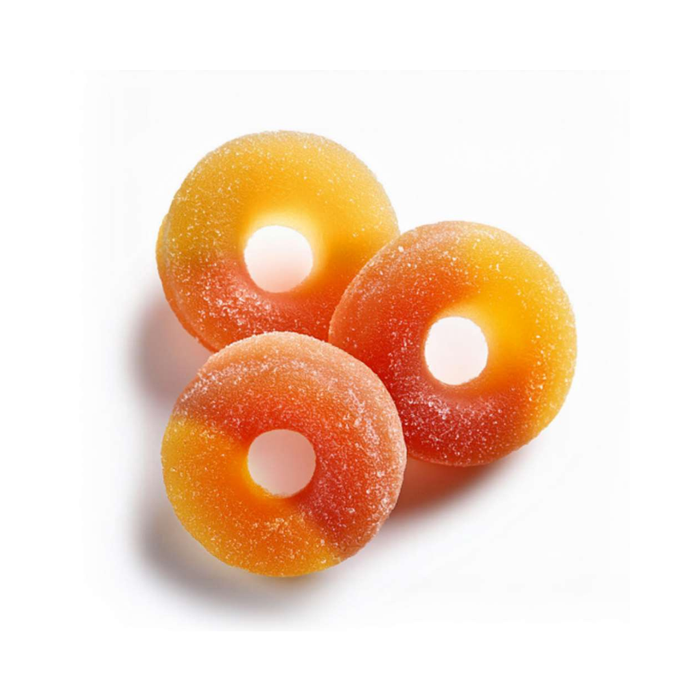Three gummy donuts with a white background