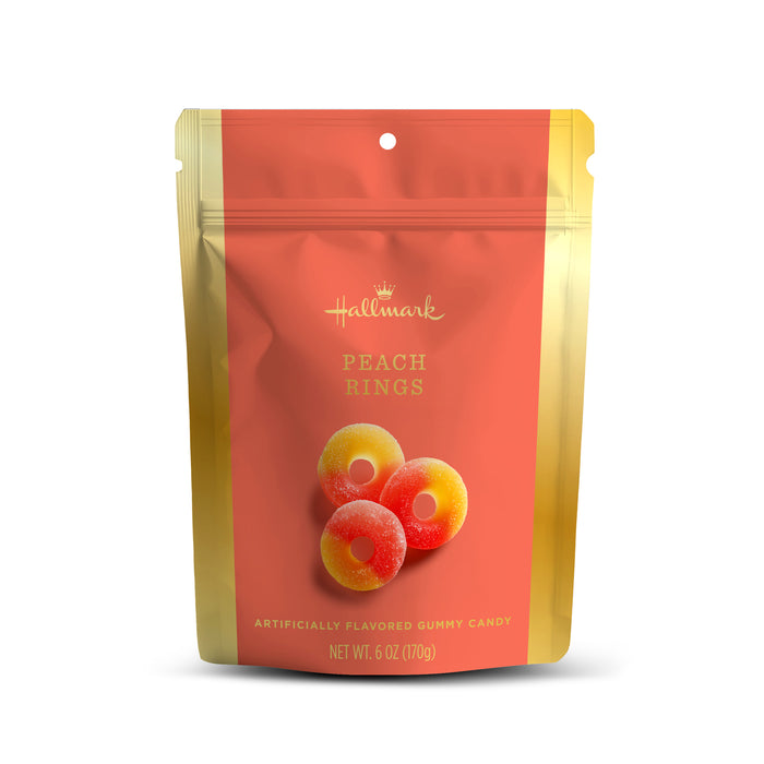 Packaging of Hallmark Peach Rings gummy candies on a white background