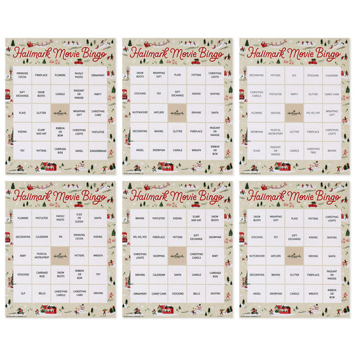 Set of six Hallmark Movie Bingo cards with Christmas-themed designs.