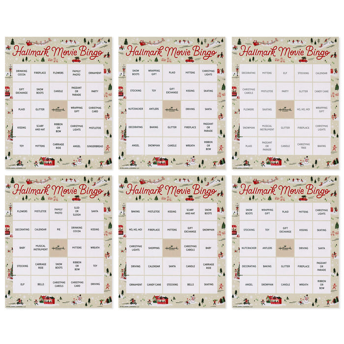 Set of six Hallmark Movie Bingo cards with Christmas-themed designs.