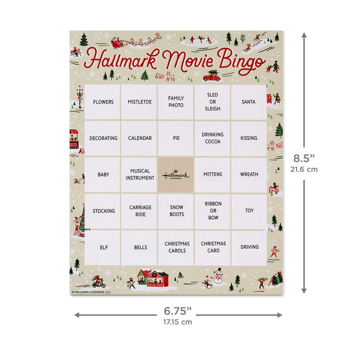 Hallmark Movie Bingo board with dimensions on a white background