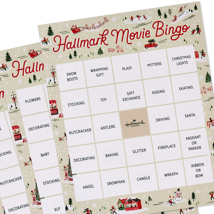 Two Christmas-themed Hallmark Movie Bingo cards with festive designs and text.
