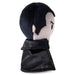A plush doll head with black hair, a pale gray face, and a black cape, shown from a side-back angle on a white background.