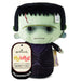 Hallmark Itty Bittys Universal Monsters Frankenstein plush toy with a black wig, green face, purple suit, and attached product tag on a white background.