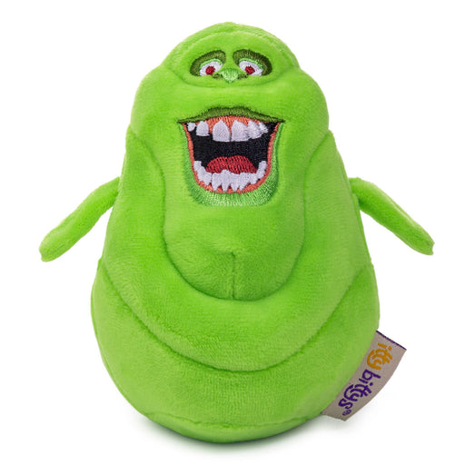 A green plush toy shaped like a cartoon ghost with embroidered eyes, a wide open mouth showing white teeth and red tongue, and a small tag that reads 'Bitz'.