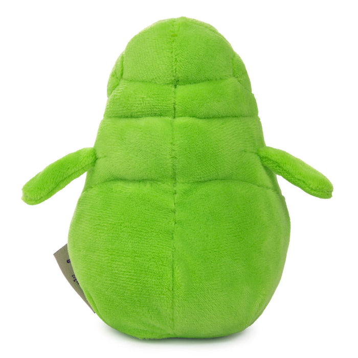 A bright green plush toy shaped like a pear with stitched horizontal sections and short side arms, shown against a plain white background.