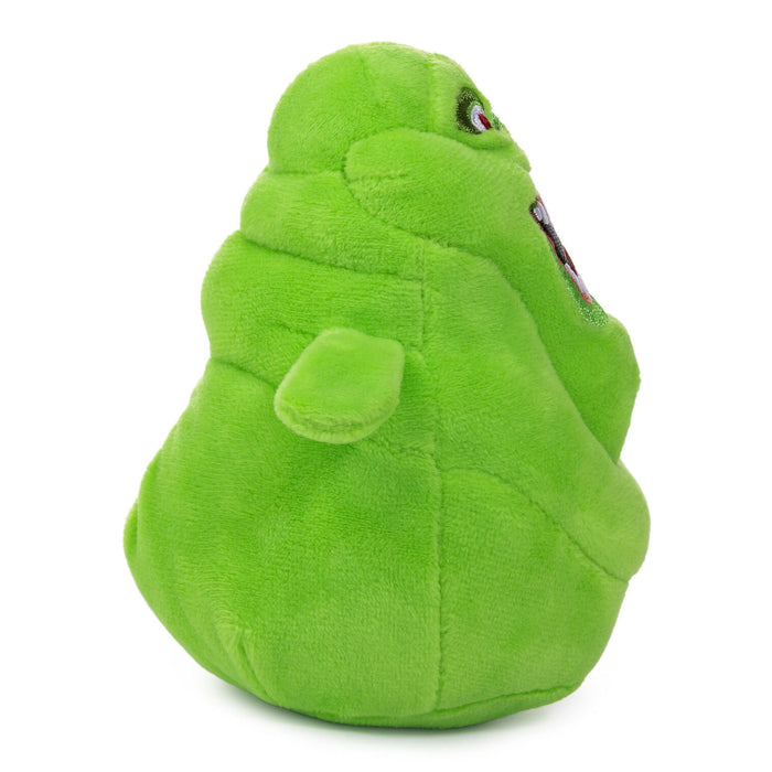 A bright green plush toy shaped like a cartoon blob or ghost, photographed on a plain white background.