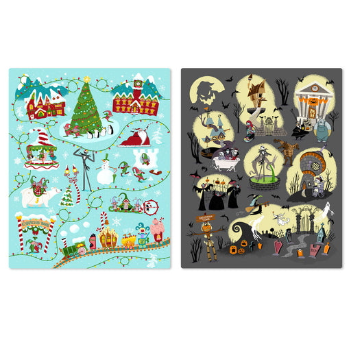 Two rectangular art prints or cards shown side by side on a white background. The left card has a light blue background with a whimsical Christmas village scene featuring a tree, houses, candy canes, snow, and holiday characters.