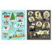 Two rectangular art prints or cards shown side by side on a white background. The left card has a light blue background with a whimsical Christmas village scene featuring a tree, houses, candy canes, snow, and holiday characters.