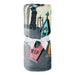 A folded blanket with a Halloween-themed graveyard print, tied with a white ribbon bow. The blanket features a gray base with illustrations of tombstones (one pink with 'RIP' in black), a church steech with a cross, and a cream-colored sky area.