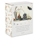 A white rectangular product box with Halloween-themed printed artwork and text, shown at a slight angle on a white background. The front panel features a haunted house scene with a small orange-roofed house, dark gothic building, pumpkin, moon, bats, and decorative figures.
