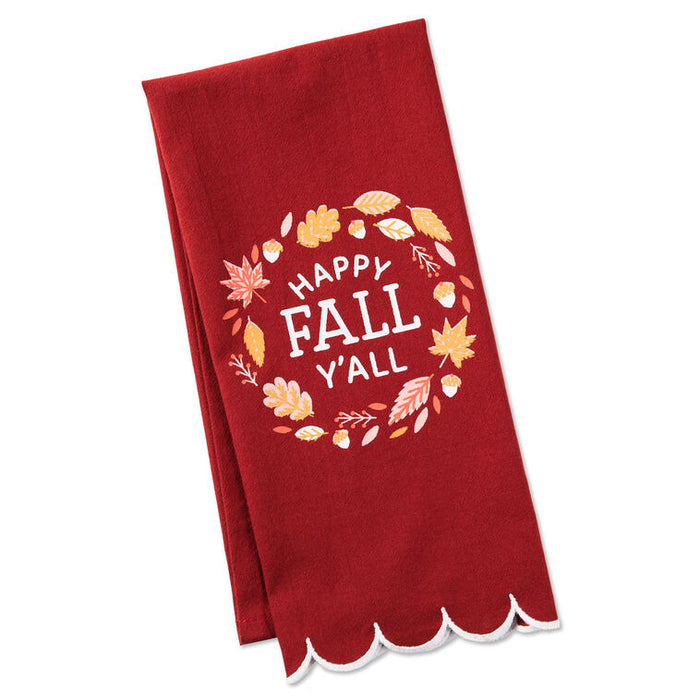 Red towel with 'Happy Fall Y'all' text and leaf design on a white background