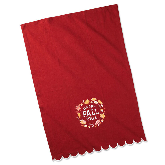 Red towel with 'Happy Fall Y'all' design on a white background