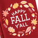 Red fabric with 'Happy Fall Y'all' text and autumn leaves on a white background