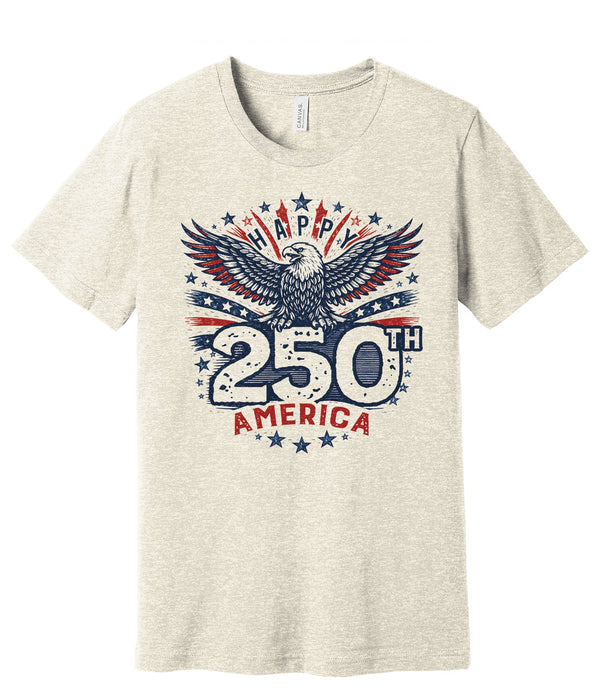 T-shirt with eagle design and 'Happy 250th America' text on a white background