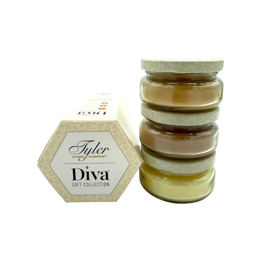 Tyler Candle Company Diva gift collection with three small jars and a hexagonal box on a white background