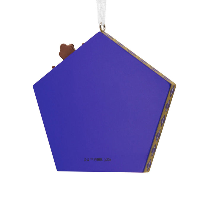 Blue pentagonal object with a brown bear figure on a white background