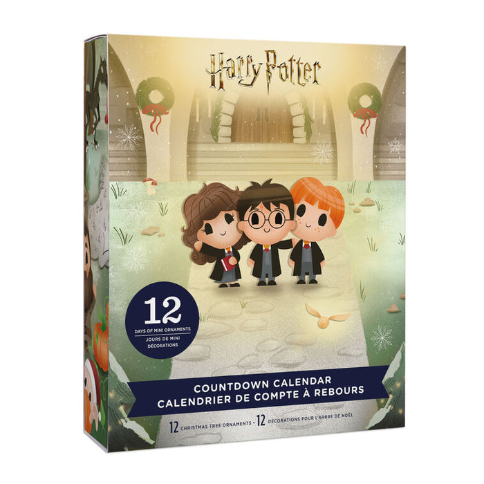 A boxed Harry Potter Countdown Calendar product shown at a slight angle on a plain white background. The package features the Harry Potter logo at the top, illustrated characters resembling Ron Weasley, Harry Potter, and Hermione Granger, Christmas wreaths, snowy ground, and text reading 'COUNTDOWN CALENDAR' and 'CALENDRIER DE COMPTE À RÉBOURS.