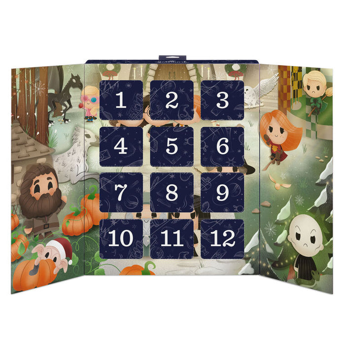 A 12-panel advent calendar featuring a colorful, whimsical fantasy illustration with characters and pumpkins, overlaid with dark blue numbered boxes.