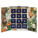 A 12-panel advent calendar featuring a colorful, whimsical fantasy illustration with characters and pumpkins, overlaid with dark blue numbered boxes.