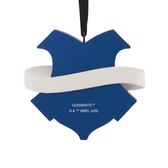 Blue and white Hogwarts-themed ornament on a white background