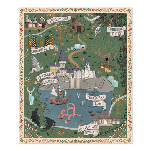 A square illustrated tapestry or print featuring a whimsical map-style scene of Hogwarts and surrounding magical locations, including Hogsmeade, Forbidden Forest, Quidditch Pitch, The Great Lake, and Hogwarts Station, with birds, trees, boats, and a castle on a green background.